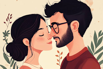 draw cute couple and wedding portrait illustration