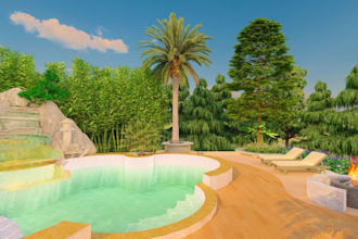 revamp outdoor swimming pool,irrigation design, 3d biophilic, firepit area,v ray