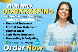 monthly quickbooks online bookkeeping, cleanup bank reconciliation in wave xero