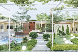 renovate pergola outdoor gazebo, fireplace, garden pool, tent design, 4k render