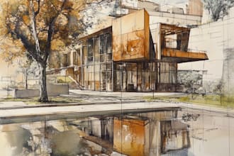 draw architecture and landscape architectural watercolor drawing