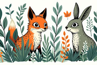 do animal and botanical linocut doodle illustration