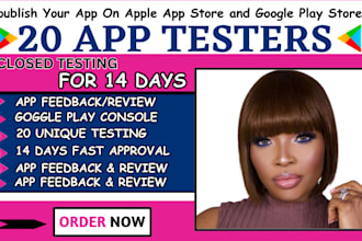 get 20 app testers for android ios app, closed testing publish on google play