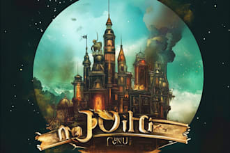 create unique fantasy sci fi, steam, whimsical title logo