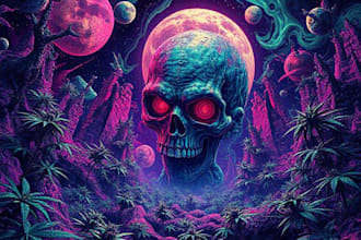 psychedelic digital art, surreal band logo, cannabis, trippy