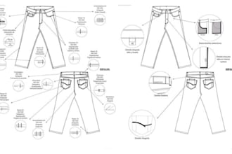 do fashion technical drawing, complete tech pack designs