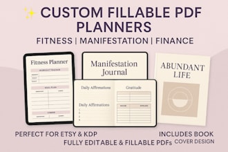 do fillable PDF journal planner, book cover design, etsy digital planner tracker