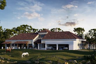 renew 3d exterior house,garden,backyard, landscape,vectorwork render,farm house
