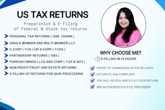 prepare and efile US tax returns 1040 1120 1065 individual and business