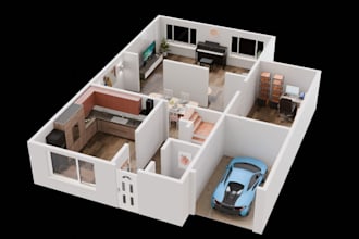 render apartment, house base on plan, 2d floorplan to 3d with furniture, blender
