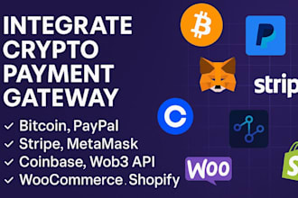 integrate crypto payment gateway, bitcoin, paypal, stripe, web3 API, shopify