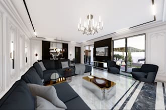 render 3d interior villa house, living room, roof terrace, dinning, bedroom, bim