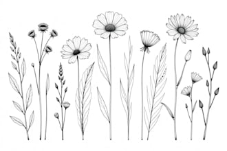 draw line art illustrations, botanical flowers, plants
