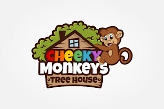 create fun bright cheeky monkeys tree house logo