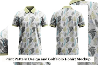 create a print pattern golf polo t shirt design with a mockup