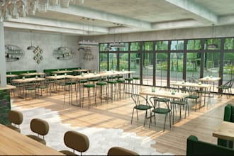 create 3d interior design rendering for restaurant, cafe ,bar, lounge,hotel, bim