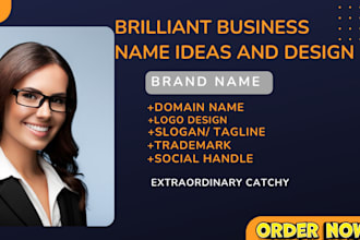 create a uniqe business name and slogan, company name, domain and website name