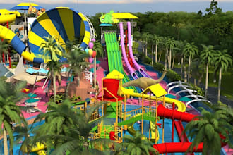 design realistic 3d amusement park, water park, adventure, zoo or safari park