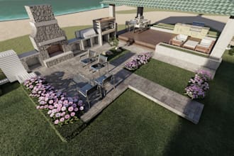 build exterior, villa landscape backyard design of landscape3d, interior model