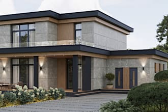 optimize 3d building layout,house front facade, minimalist interior, cgi render