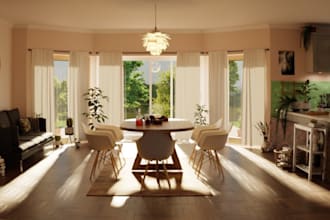 3d american kitchen,warm lightning,cabinet design,dinning room,floor plan layout