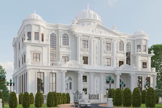 kingstyle palace exterior rendering,marble,landscape design,3ds max,white house
