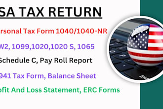 prepare usa tax return, schedule c, form 1040, 1120, w2 and 1099