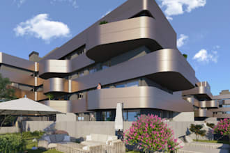 redesign futuristic residential building, hotel rendering, terrace, visitor room