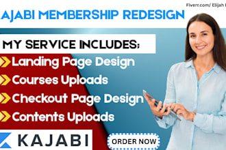 redesign kajabi membership,landing page,mobile or desktop design,course upload