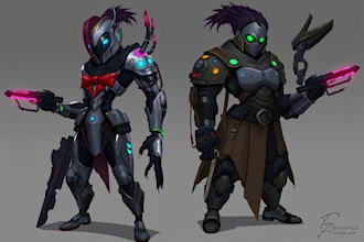 custom digital art cyborg, cyberpunk, and fantasy characters