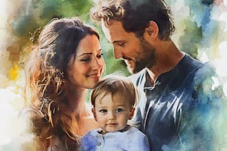 draw family portrait into a watercolor painting with oil painting