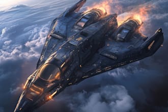draw a fantasy sci fi spaceship and concept art