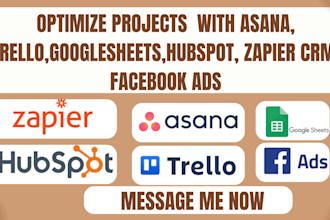 optimize projects  asana, trello, googlesheets hubspot, zapier crm, facebook ads