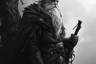 do fantasy character sketch illustrate in black and white