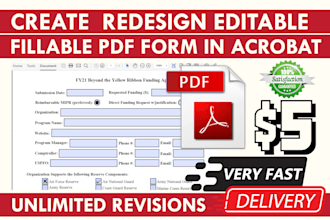 create, redesign digital editable fillable pdf form in acrobat