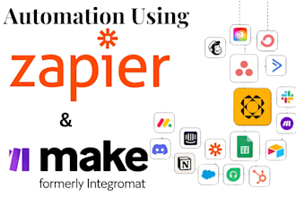 setup zapier integration and automation, using zapier or make com or integromat