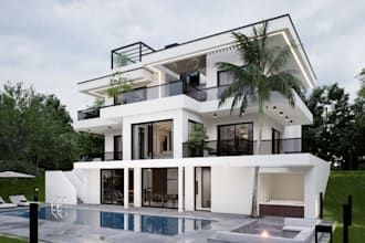 luxury villa,modern living room,cozy bedroom,cgi fadace,cgi villa exterior, sofa