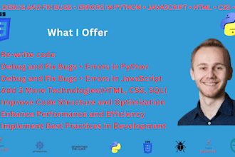 debug, fix bugs, issues, crashes, and errors using python, javascript, css, php