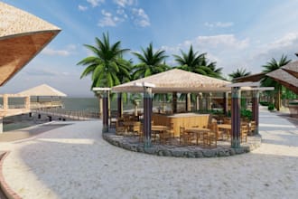 craft 3d tropical hotel, resort, beach house, cottage, amusement park, 8k render
