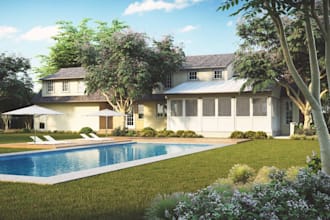 renovate 3d beach villa terrace, render exterior patio furniture,3d outdoor pool