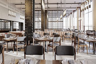 optimized 3d restaurant interior decor,coffee shop, patio hall design,cgi render