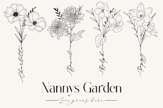 design you a digital image of birth flowers with names as stems