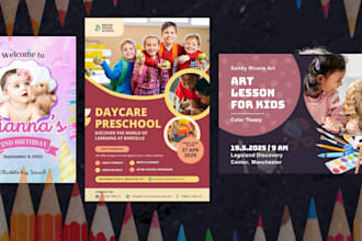 design fun colorful posters kids birthday party school camping art food travel