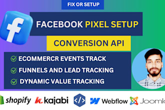 setup meta facebook pixel or dataset for joomla,kajabi,drupal, fix fb pixel