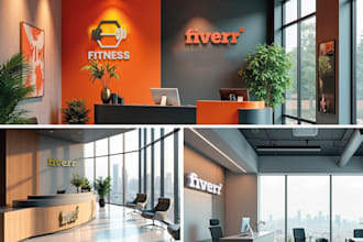create 3 realistic 3d office interior logo mockups
