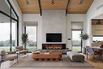 villa interior design,loft house, living room,kitchen, bathroom render,landscape