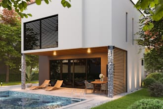 recreate 3d exterior villa design, backyard, garden render, swimming pool, patio