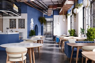 redesign commercial space, coffee shop render,restaurant interior, bar,golf area