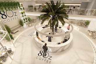 craft 3d coffee shop,coffee shop with gym space,golf area landscape,cgi interior