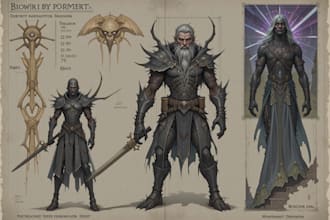 draw fantasy dnd party and scifi monster design character sheet game concept art